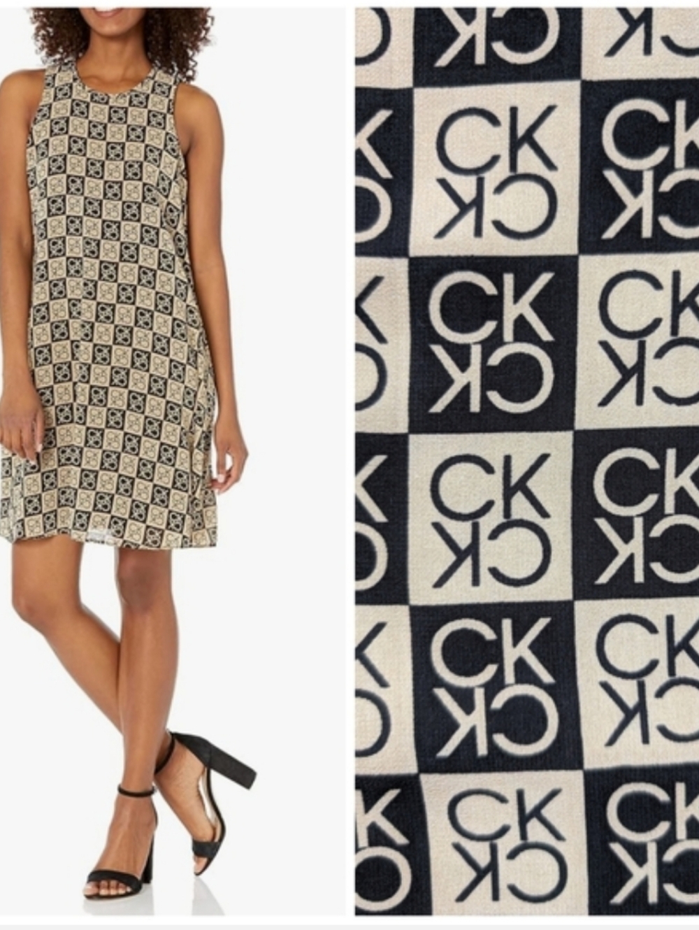 Calvin Klein Black & Cream Logo-Print Sleeveless Shift Dress